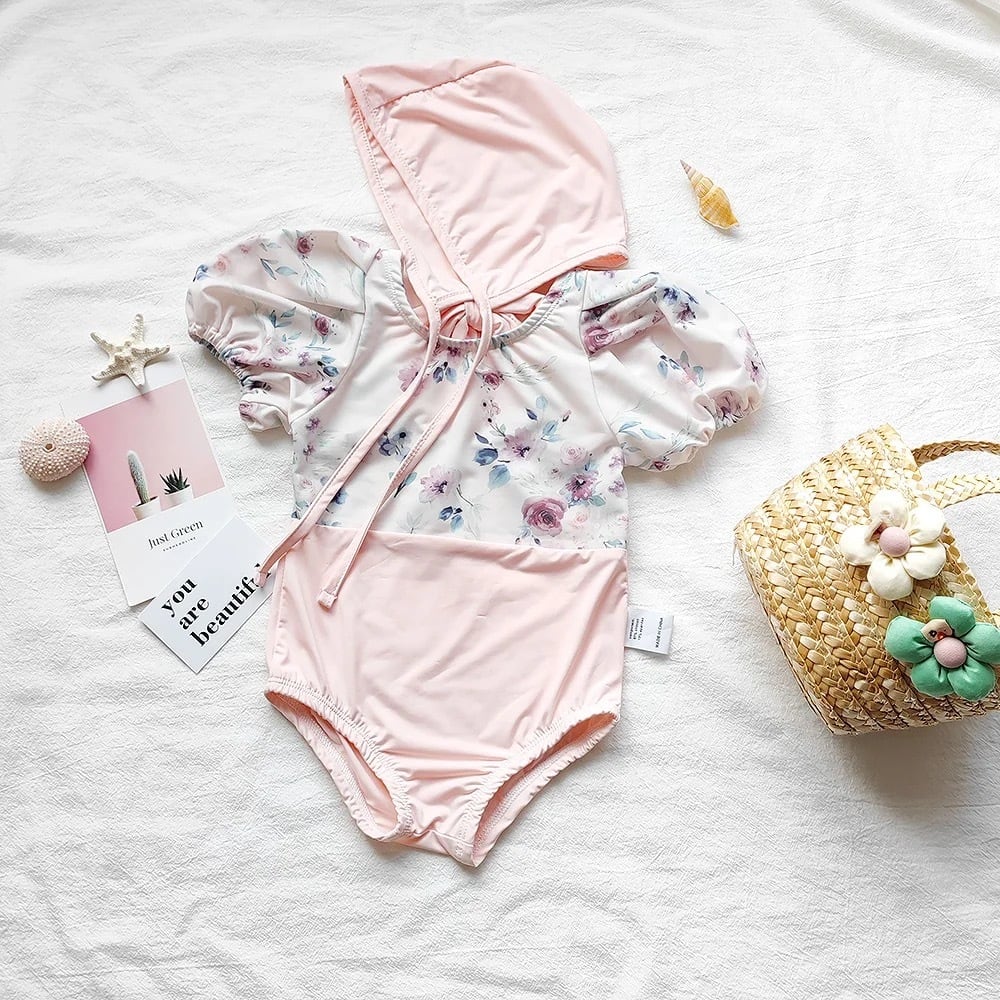 flower print onepiece swim wear | 水着 花柄 ワンピース バイカラー ピンク 女の子