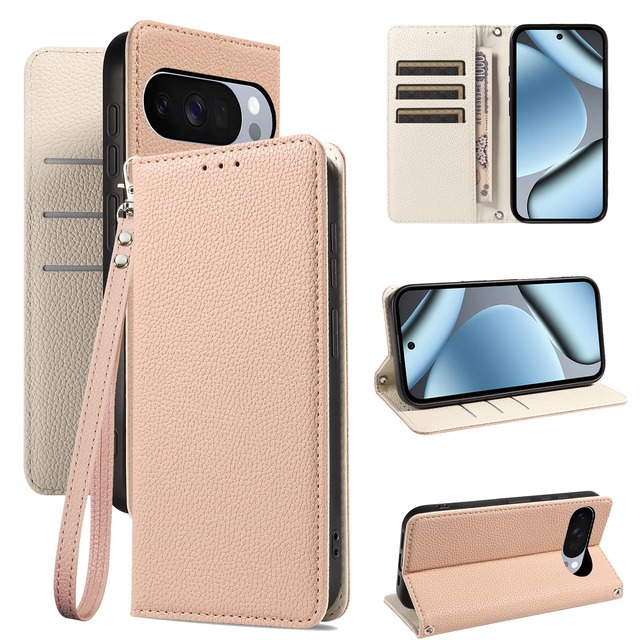 QUEASON pixel 11 用 ケース 手帳型 pixel 11pro 用 ケース ストラップ付き 高級レザー【アプリコット】