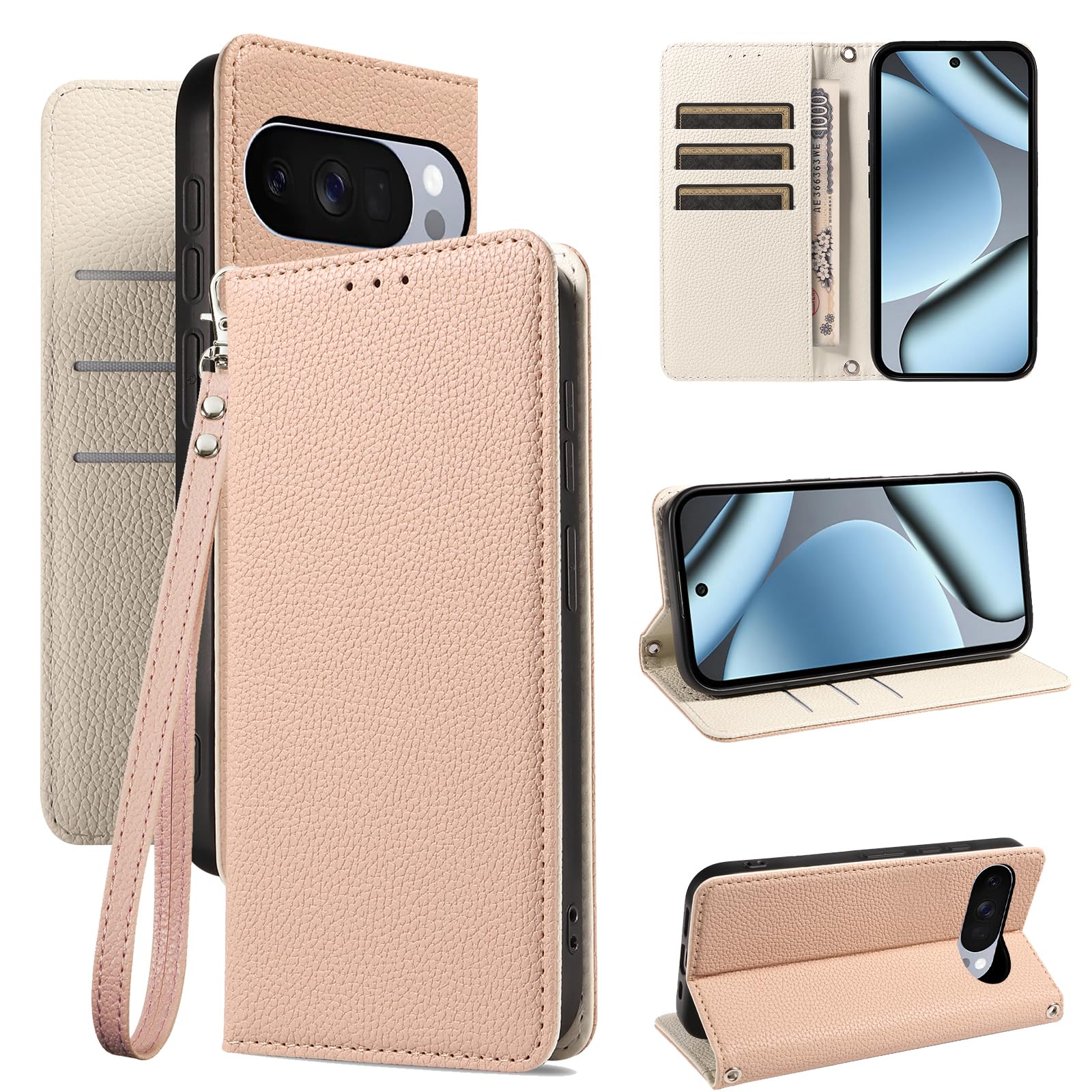 QUEASON pixel 11 用 ケース 手帳型 pixel 11pro 用 ケース ストラップ付き 高級レザー【アプリコット】