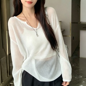 透かし編み シアー ニット トップス レディース Vネック ゆったり 体型カバー 韓国 大人カジュアル [LS-CGT108]