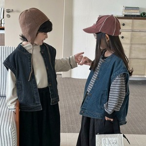 【KID】秋新作デニムベスト 森ガール風 レトロノースリーブジャケットトップス