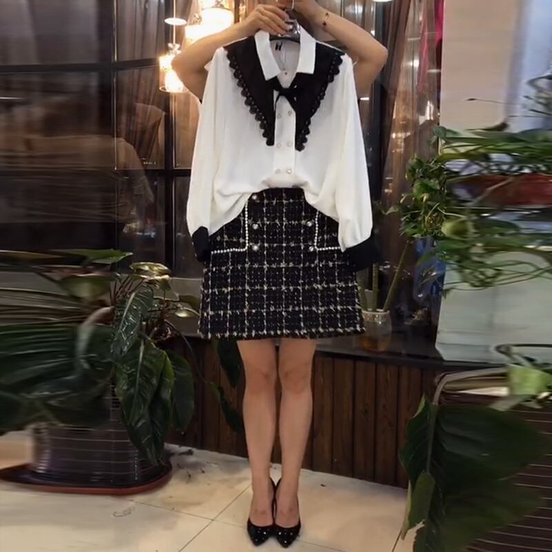 薄手オータムシャツ トップス スカート レッド 大きめサイズ 秋物 ミックスインファッション84839156927