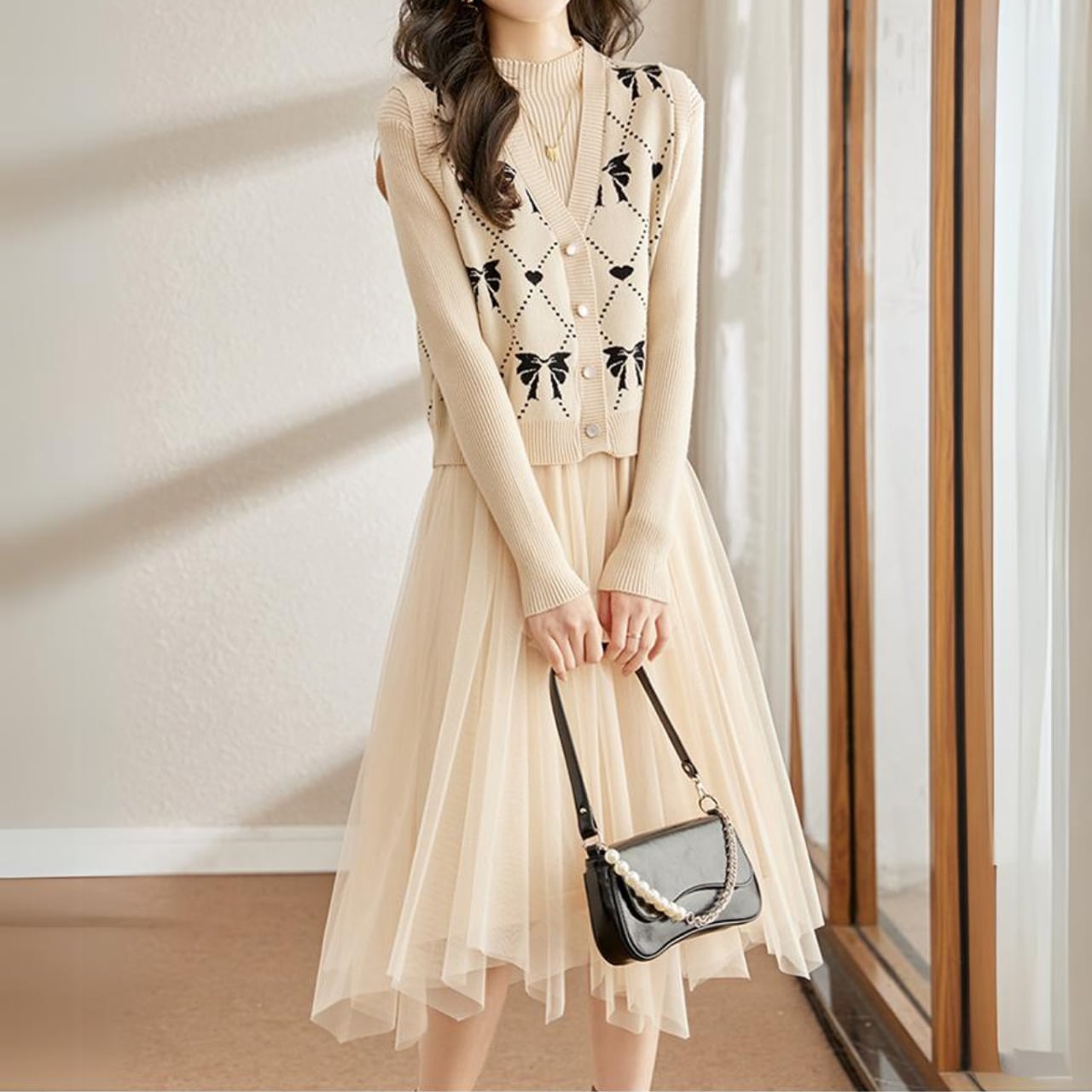 ハート&リボン柄ベスト+ワンピース2点セット Me0511