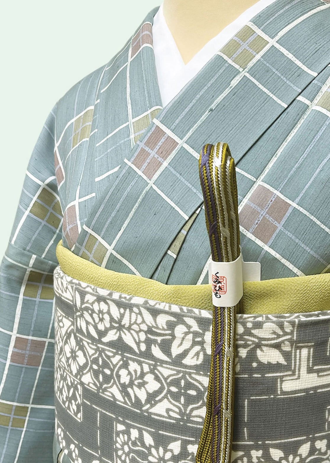 (袷)薄緑地格子文染紬 LUKGA−038(リユース品)