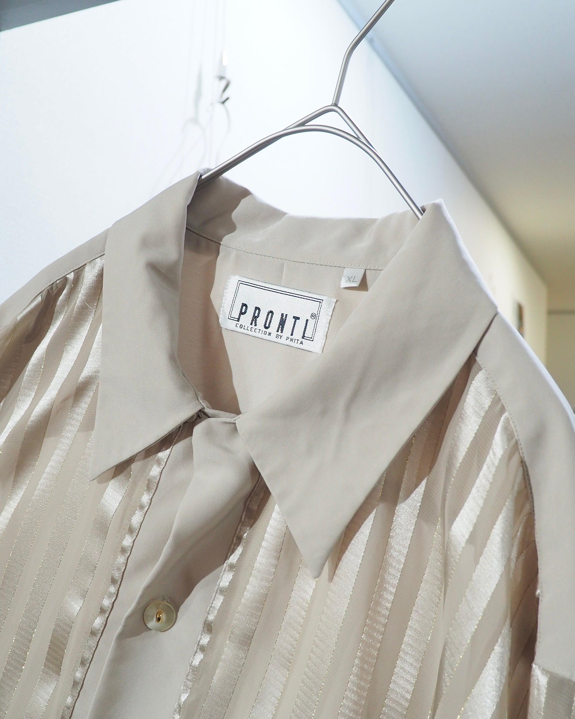 1990s " PRONTI " Sheer stripe Design vintage Drape loose Open collar Shirt