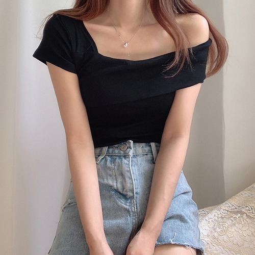 トップス Tシャツ 白トップス ショート丈 袖あり フレンチスリーブ ワンショルダー ワンショル タイト スマート 伸縮性 薄手 きれいめ シンプル 大人 セクシー 存在感 無地 夏 10代 20代 レディース 女性用 学生 お出かけ リゾート 海 プール 普段使い トレンド S M L 白 ホワイト 黒 ブラック