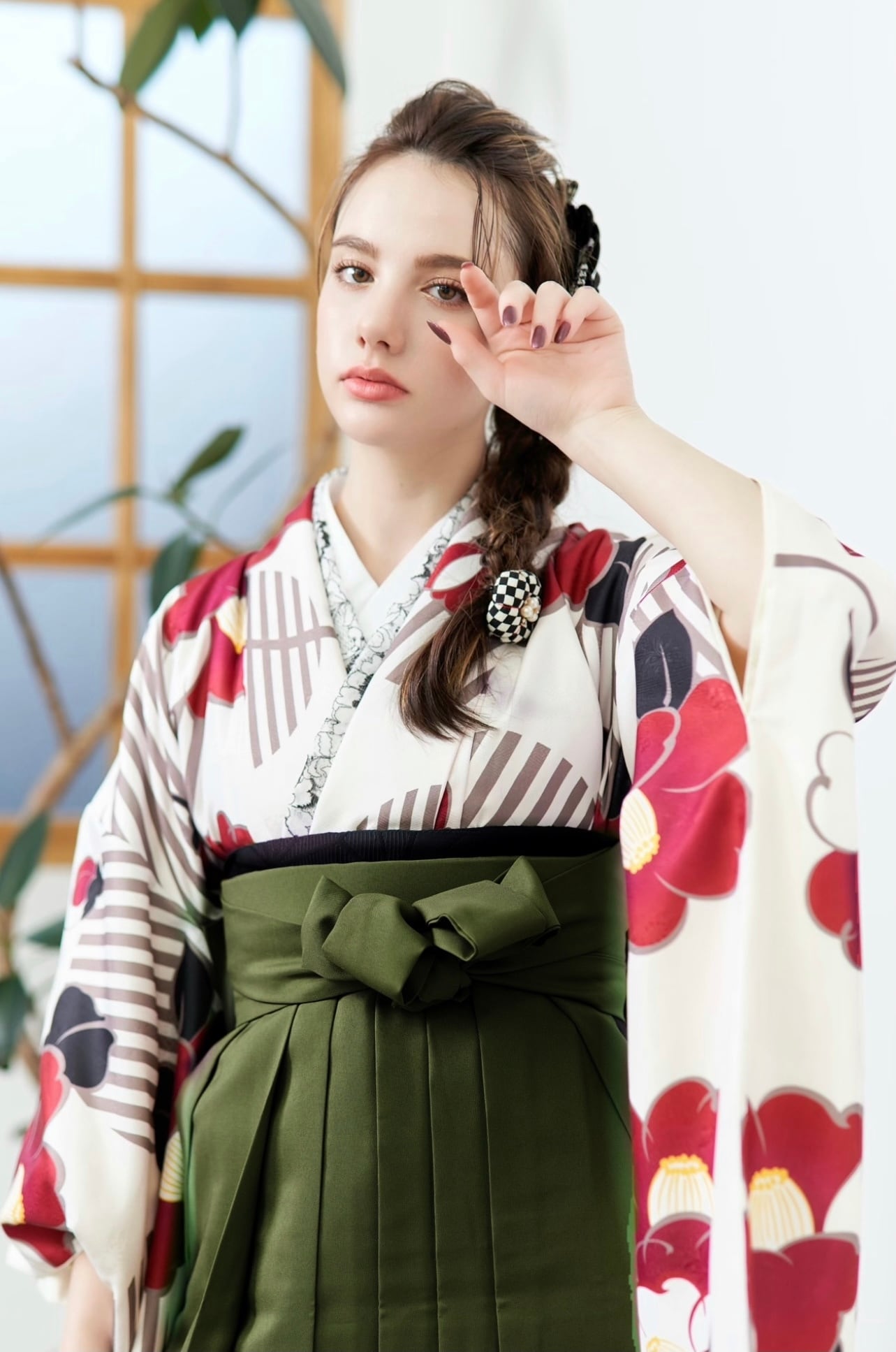 Kimono Sienne 卒業式袴3点セット 白 椿 袴 二尺袖着物 袴 卒業式
