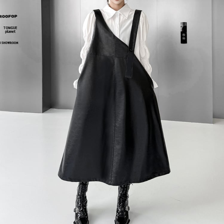 PUレザーサロペット風Aラインワンピース R30045