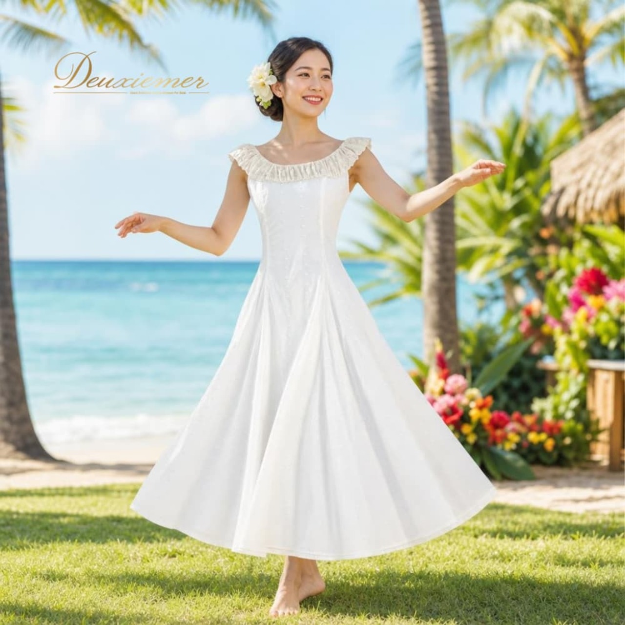 フラダンス 衣装 CC Fashions CCファッション ワンピース ドレス ホワイト系 花柄 レース ノースリーブ ハワイアン アロハ フラ ダンス レッスン 練習 ハワイアンダンス フレアスカート 白 真っ白 さわやか 華やか かわいい おしゃれ 上品 大人っぽい ダンス衣装 練習着 レッスンウェア ハワイ製