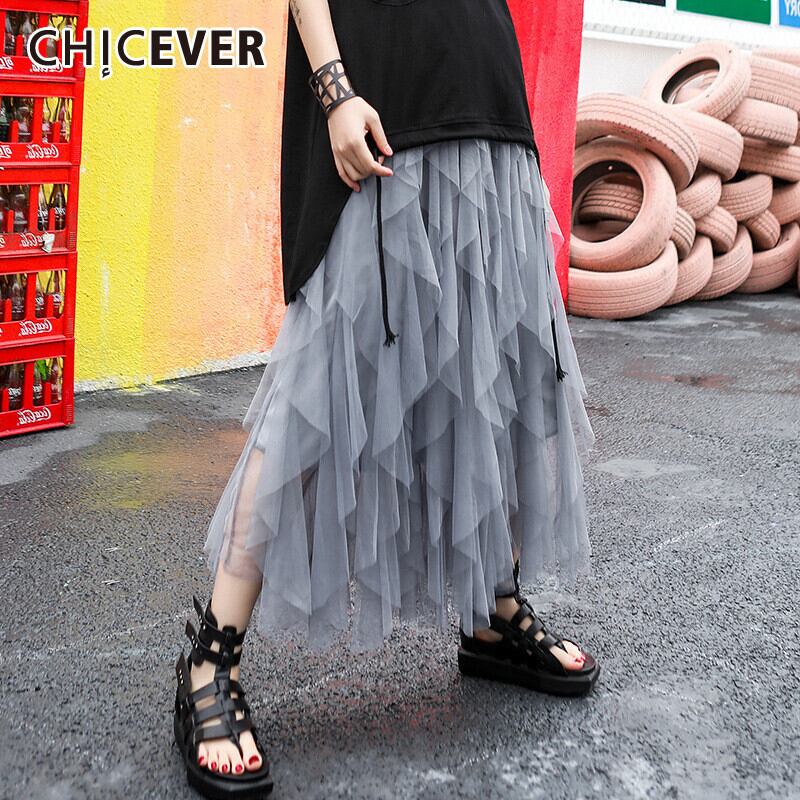 CHICEVERパッチワークメッシュスカート女性ウエスト不規則フリルライン特大スカート2020秋の服の潮 ラッフル オータム 秋物 Aライン 6base514401725635