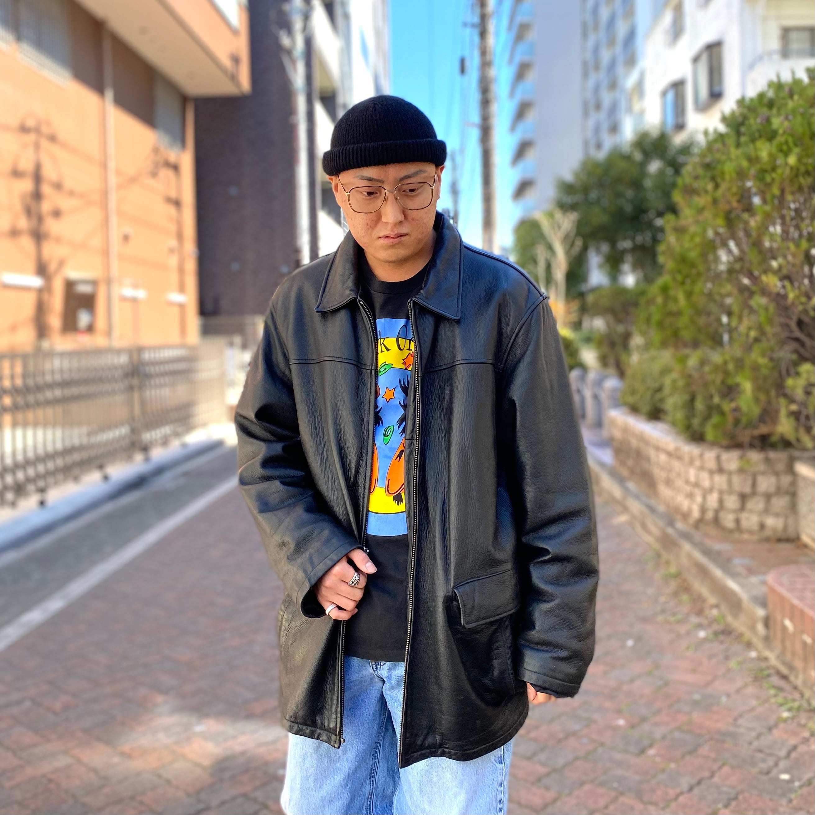 size：2XL【 M.JULIAN 】レザージャケット ミドル丈 レザーコート 黒