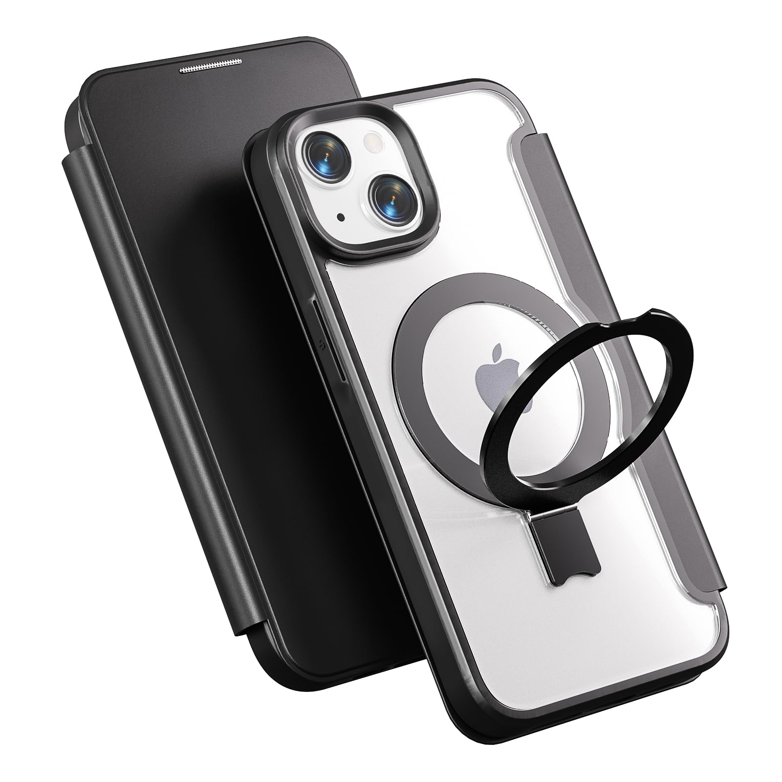 【Magsafe対応 多機能スタンド】smhokesu iPhone 15用 ケース 手帳型 MagSafe対応 いphone15 ケース スタンド リング いphone15 スマホケース リング&スタンド切り替え ワイヤレス充電対応 カード収納1枚 マグネット式 背面クリア カメラ保護カバー レザー 耐衝撃 全面保護 アイホン iPhone 15用 6.1インチ用 ブラック