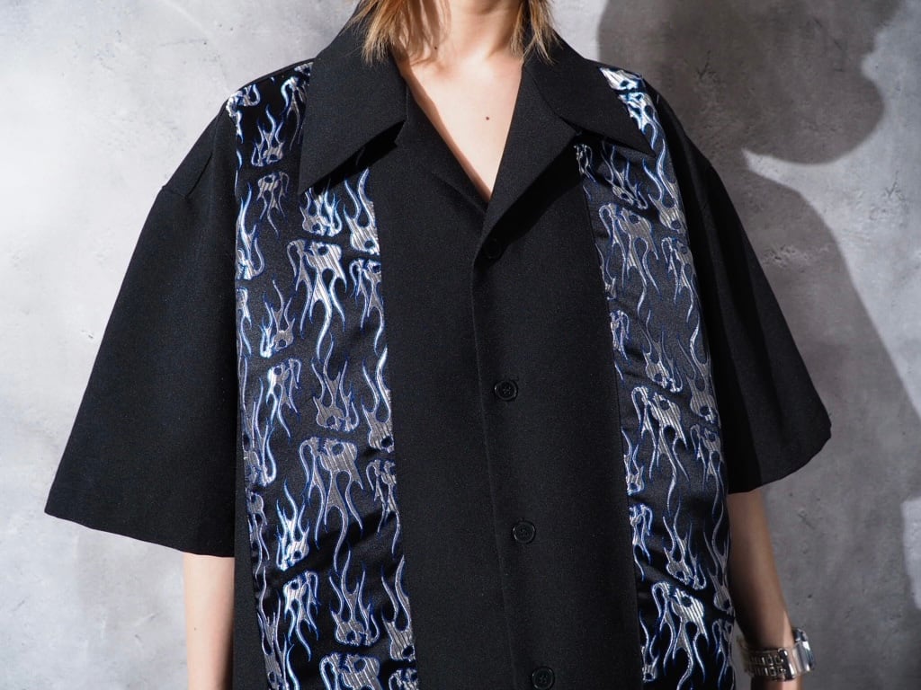 Skull × Flame pattern Satin switching vintage loose Open callar SS shirt