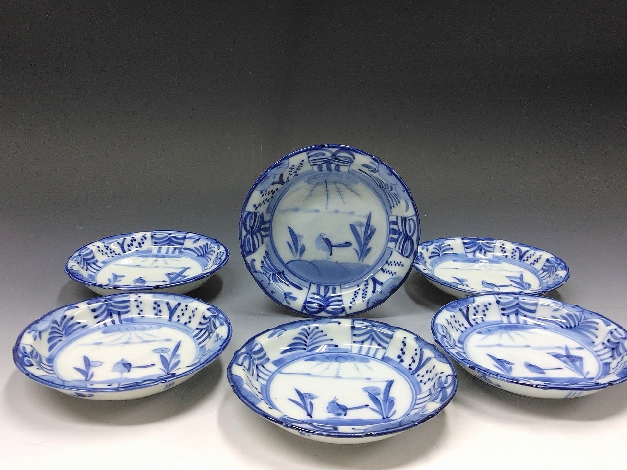 時代もの (大正-昭和(1920年代)頃) 手描 花鳥染付 芙蓉手 小皿/ 豆皿 1