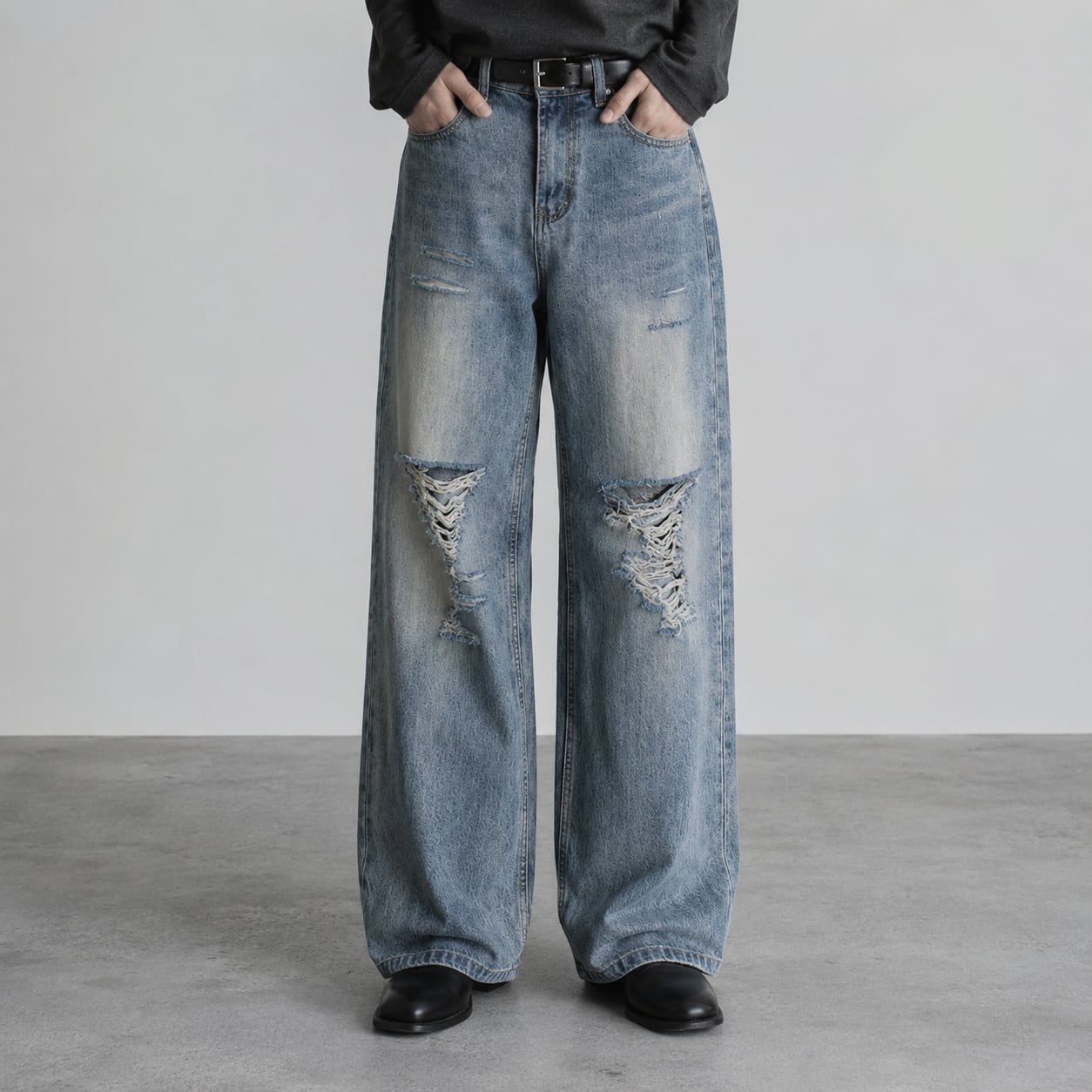 Washed distressed straight denim pants 0005