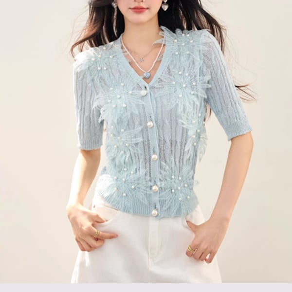 【即納・Mサイズ】パールモチーフフラワーレーストップス A2890