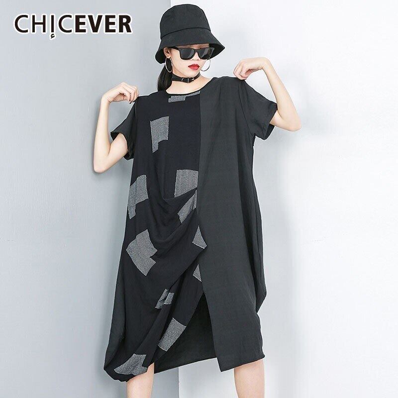 CHICEVERサマーチェック柄パッチワークプルオーバー半袖レディースドレスOネックルーズ非対称ドラップミッドカーフドレス2020 ショート ハーフスリーブ 夏物 6base523030031764