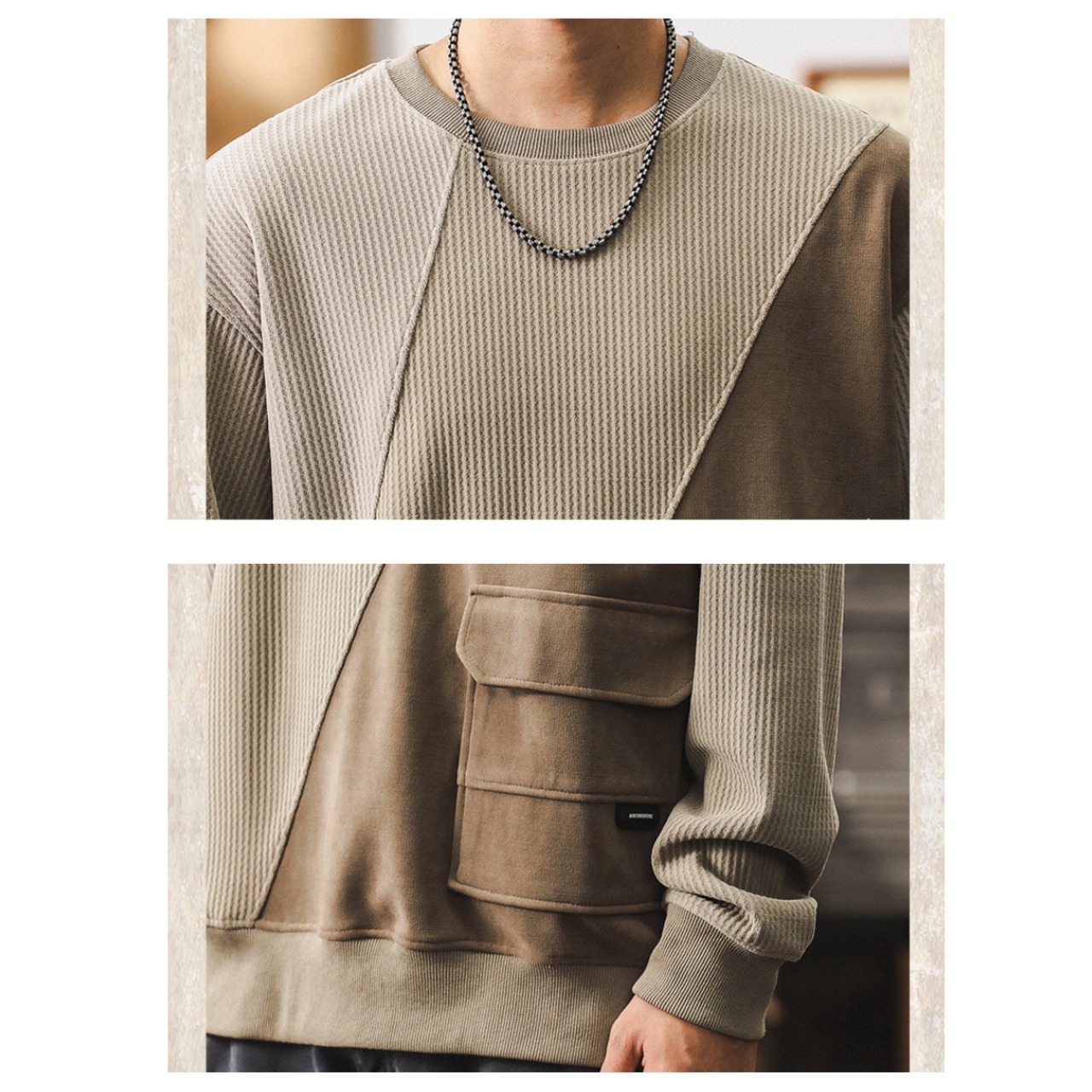 Patchwork ribbed knit crew neck tops 0211 - 11