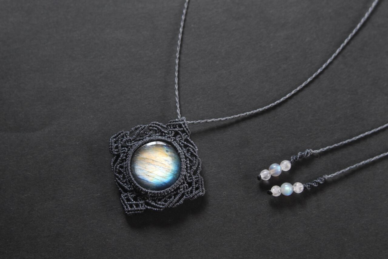Multi color Labradorite micro macrame mandala pendant