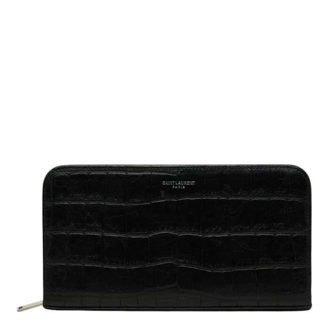 サンローラン ロゴ 型押し ロングウォレット 長財布 ブラック レザー レディース SAINT LAURENT 【中古】