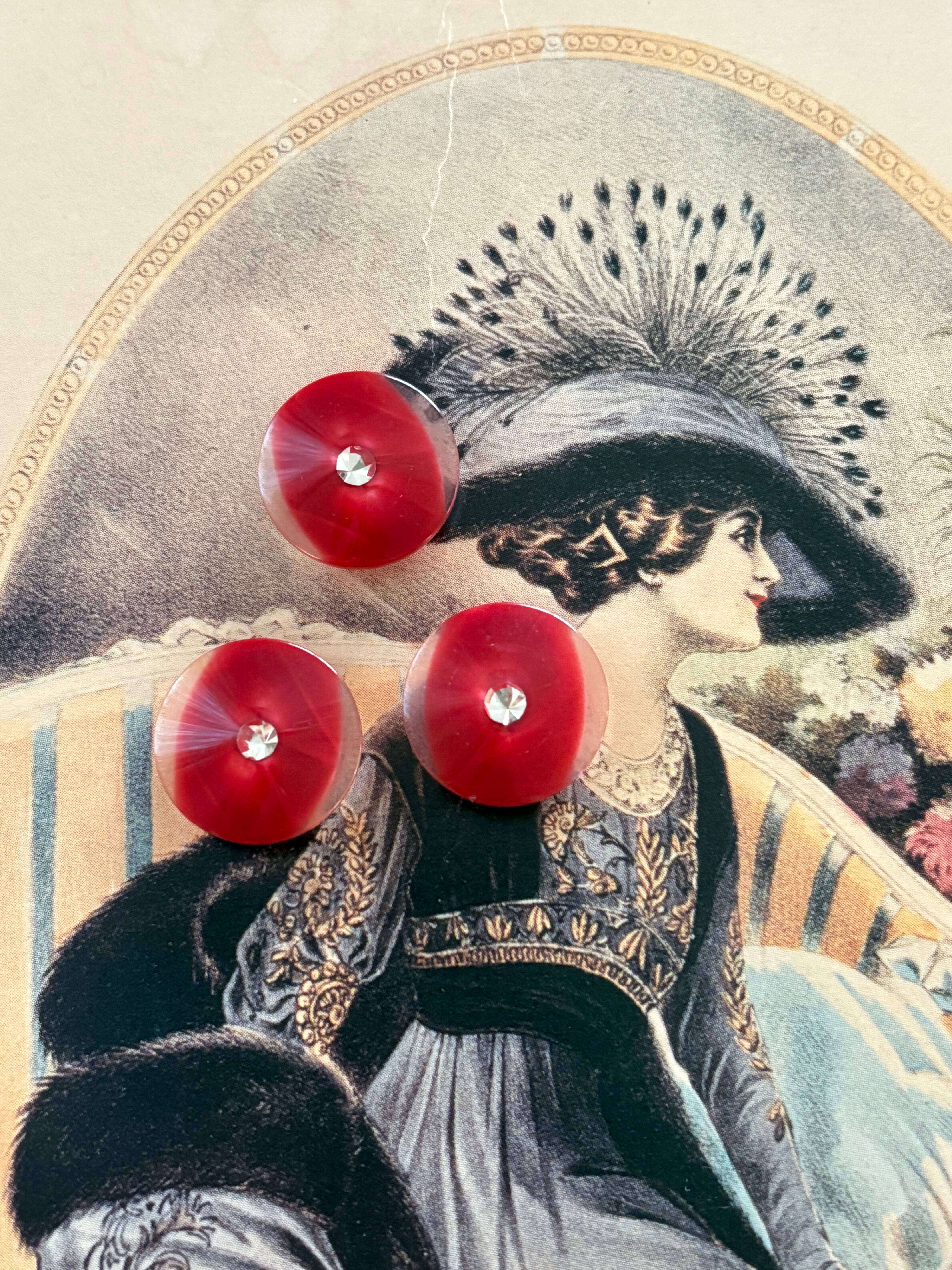 Japanese Vintage ボタン 16mm 樹脂ボタン レッド×クリア ストーン 昭和レトロ アクセサリーパーツ 装飾材