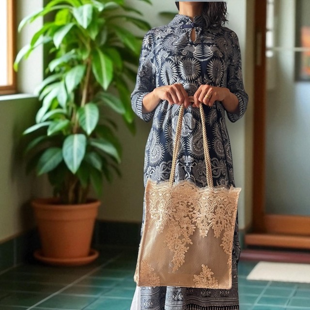 メッシュ　シャンパンゴールドレース花柄バッグ大