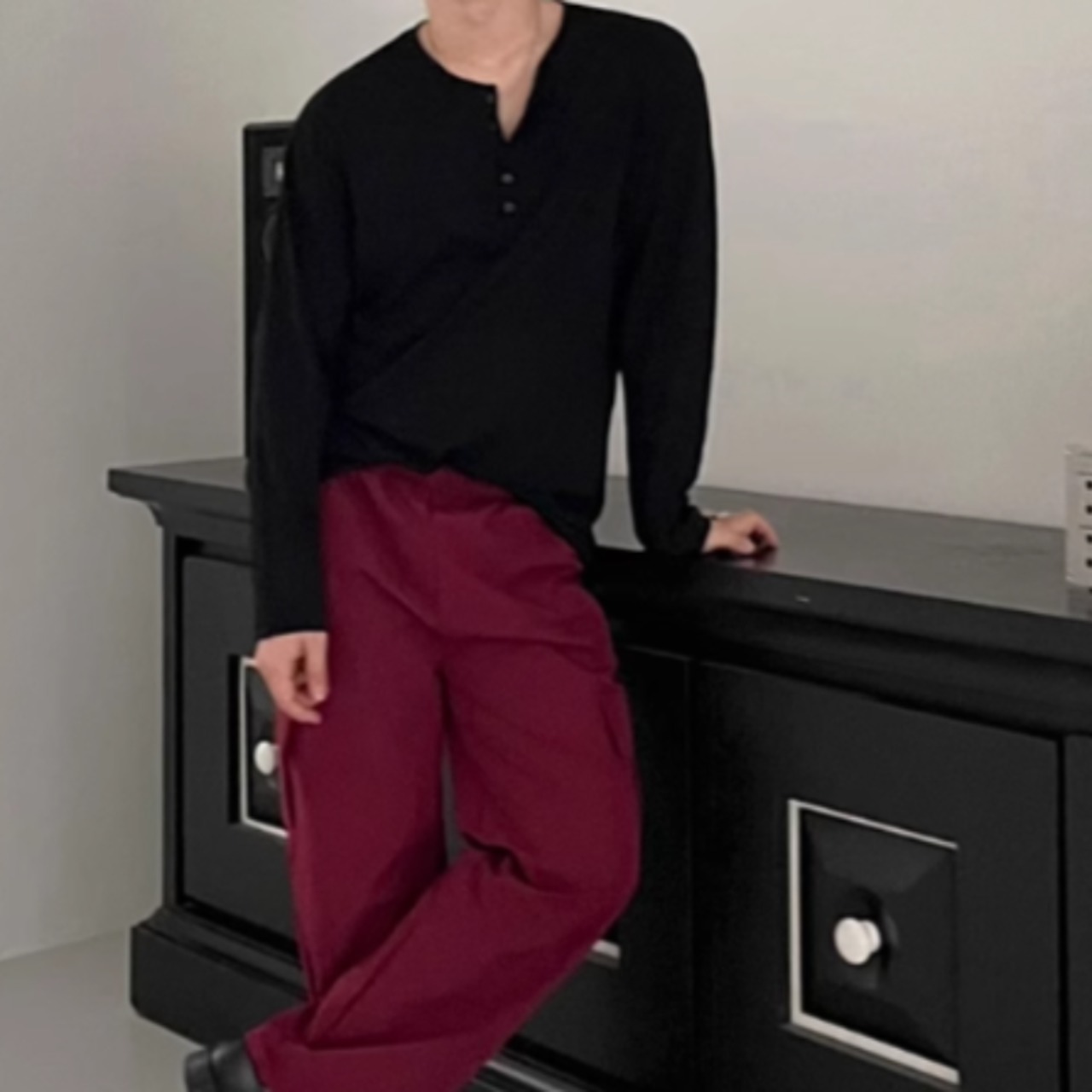 ヘンリーネックルーズロングTシャツ　0837