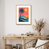 Sunset Palm Rhythm｜夕陽とヤシが描く南国モダンアートポスター｜波のリズムが心地よい抽象風景画｜A4ポスター