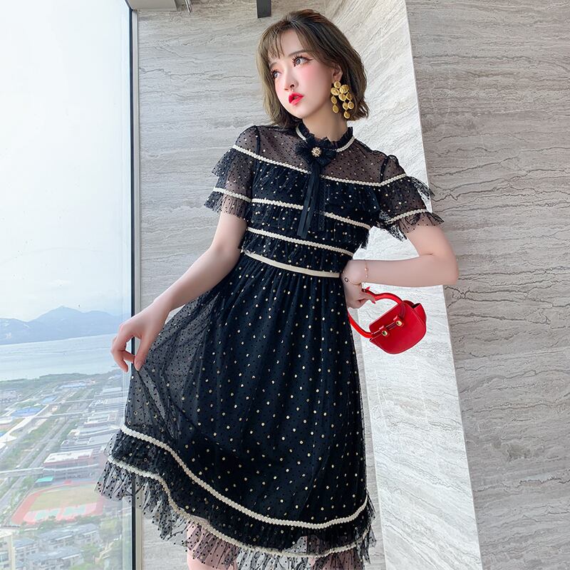 水玉メッシュハイウェストウェストスカート ドレス スプリングサマー 春物 夏物 ステッチ MIUCO93406909141