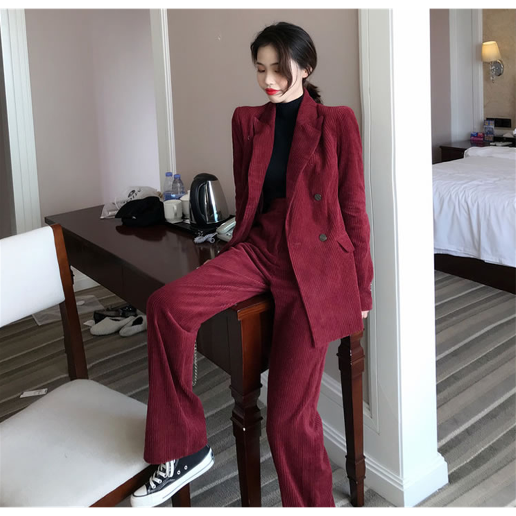 セットアップ パンツ×ジャケット コーデュロイ 大人かっこいい ワインレッド色 レトロ コーデュロイパンツスーツ ジャケット