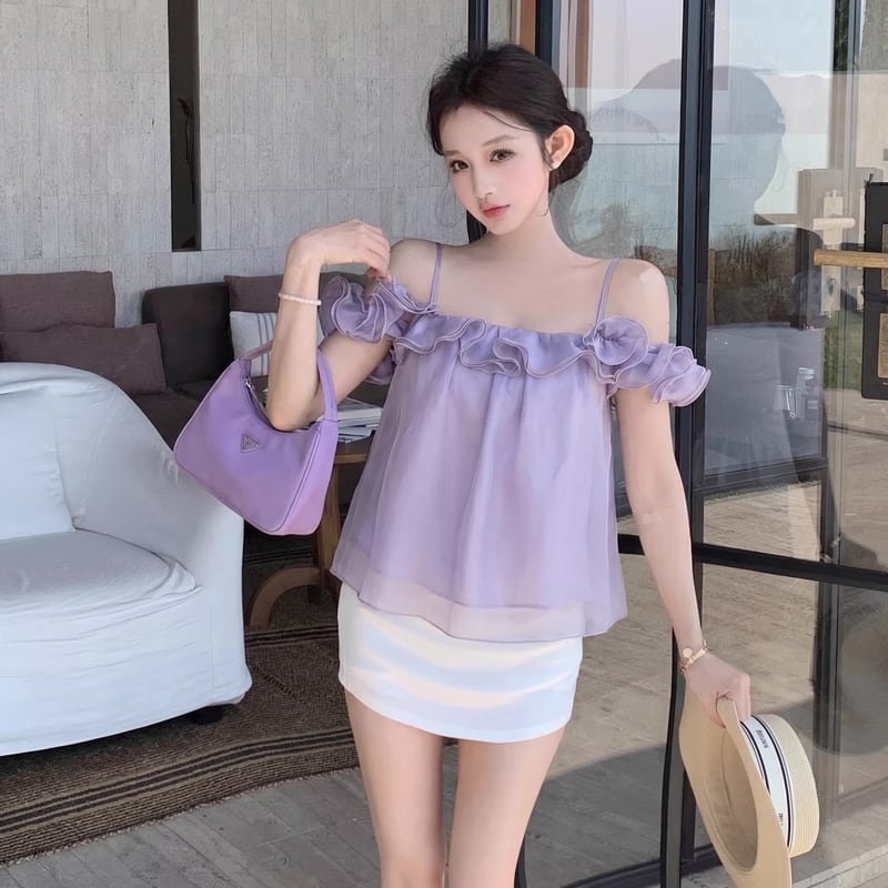 【tops】ギャザーフリルシフォンキャミソール Q8442