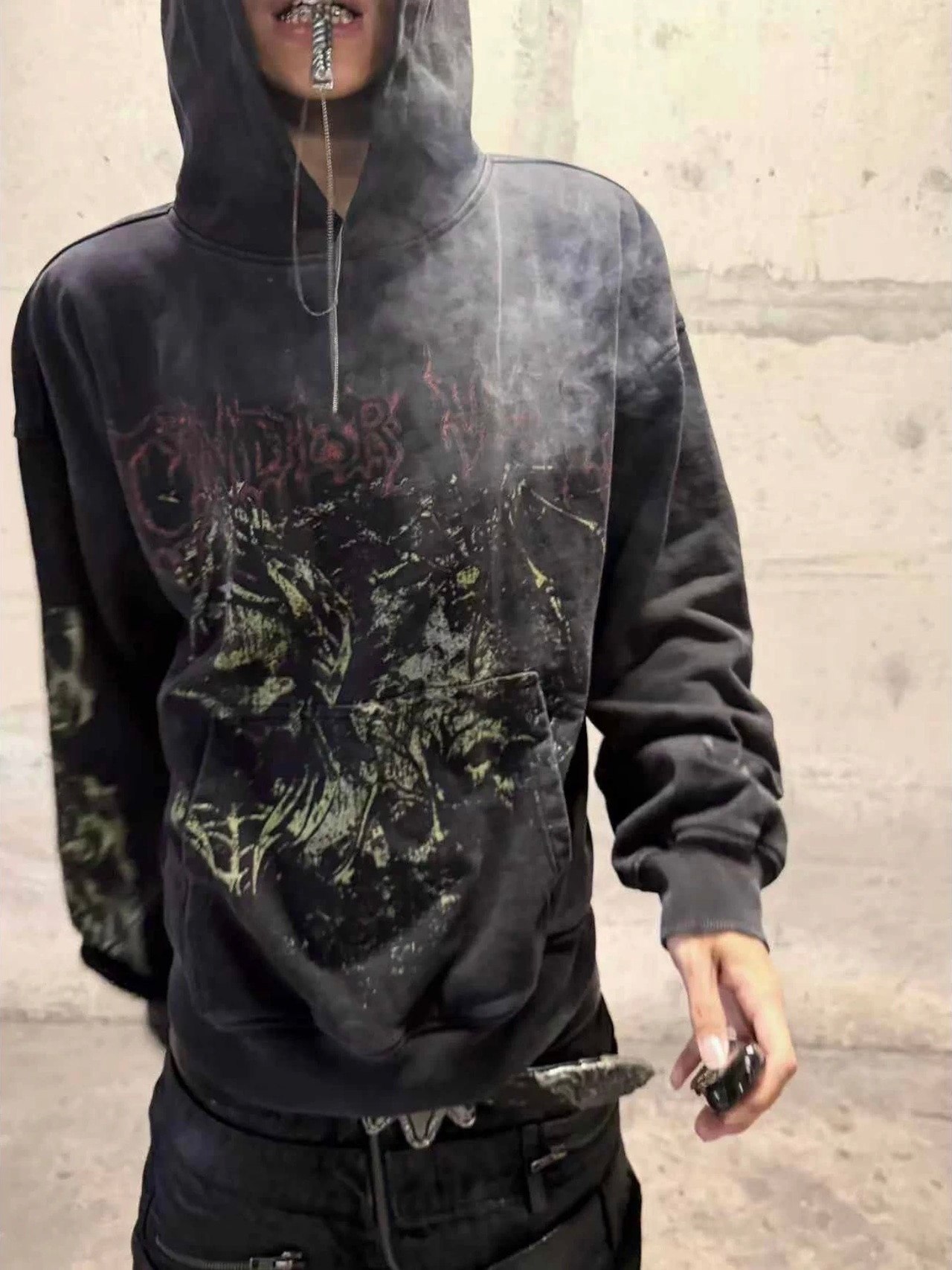 【CinderVein】Green Demon Rune Washed Hoodie