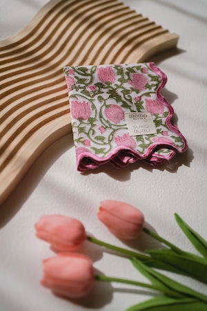 【別注】ブロックプリント ウェーブ刺繍ハンカチ pink lotus【momo×SKOBURU】