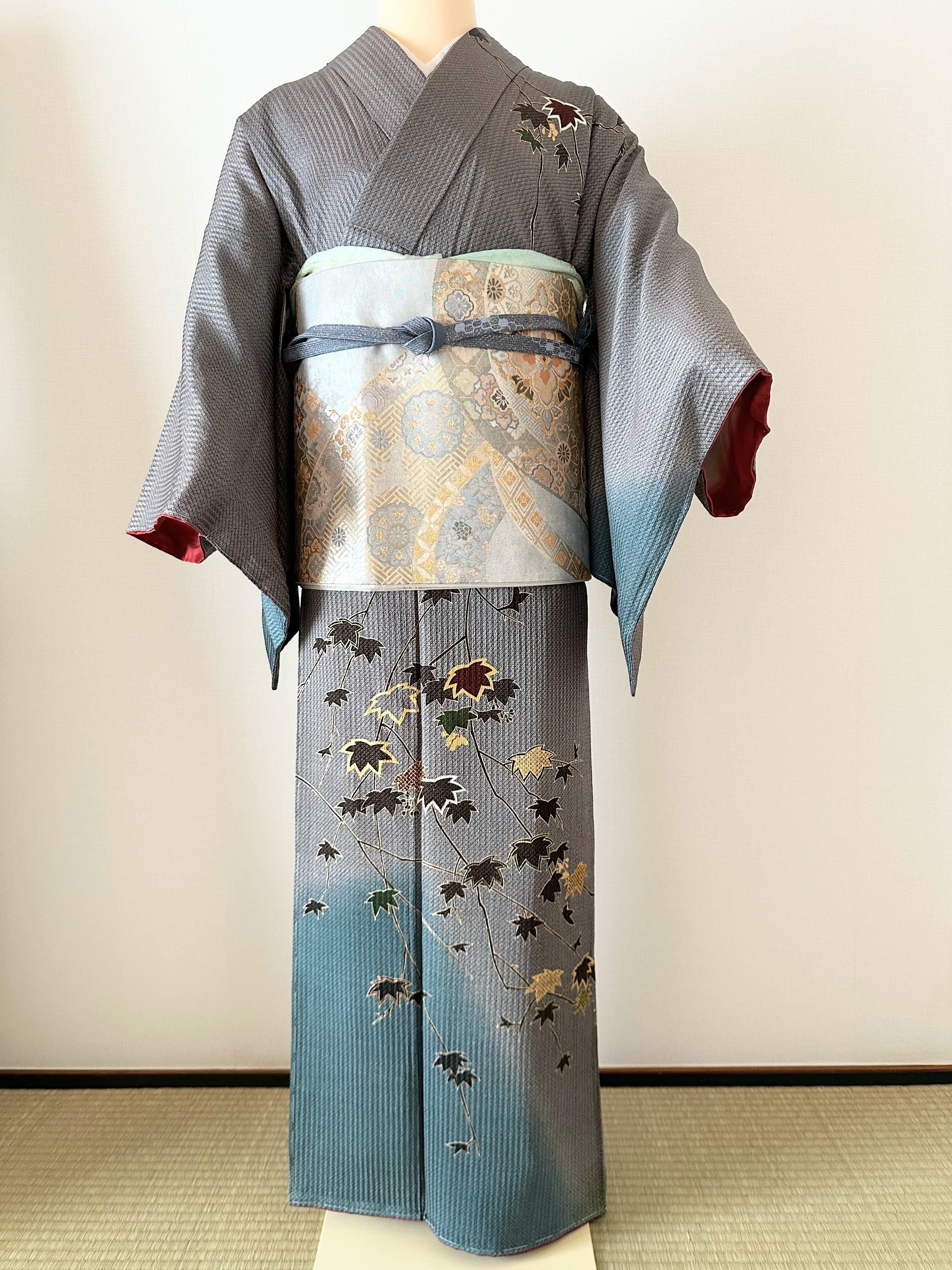 未使用しつけ付き着物紬単衣正絹グレー系これからの季節に 