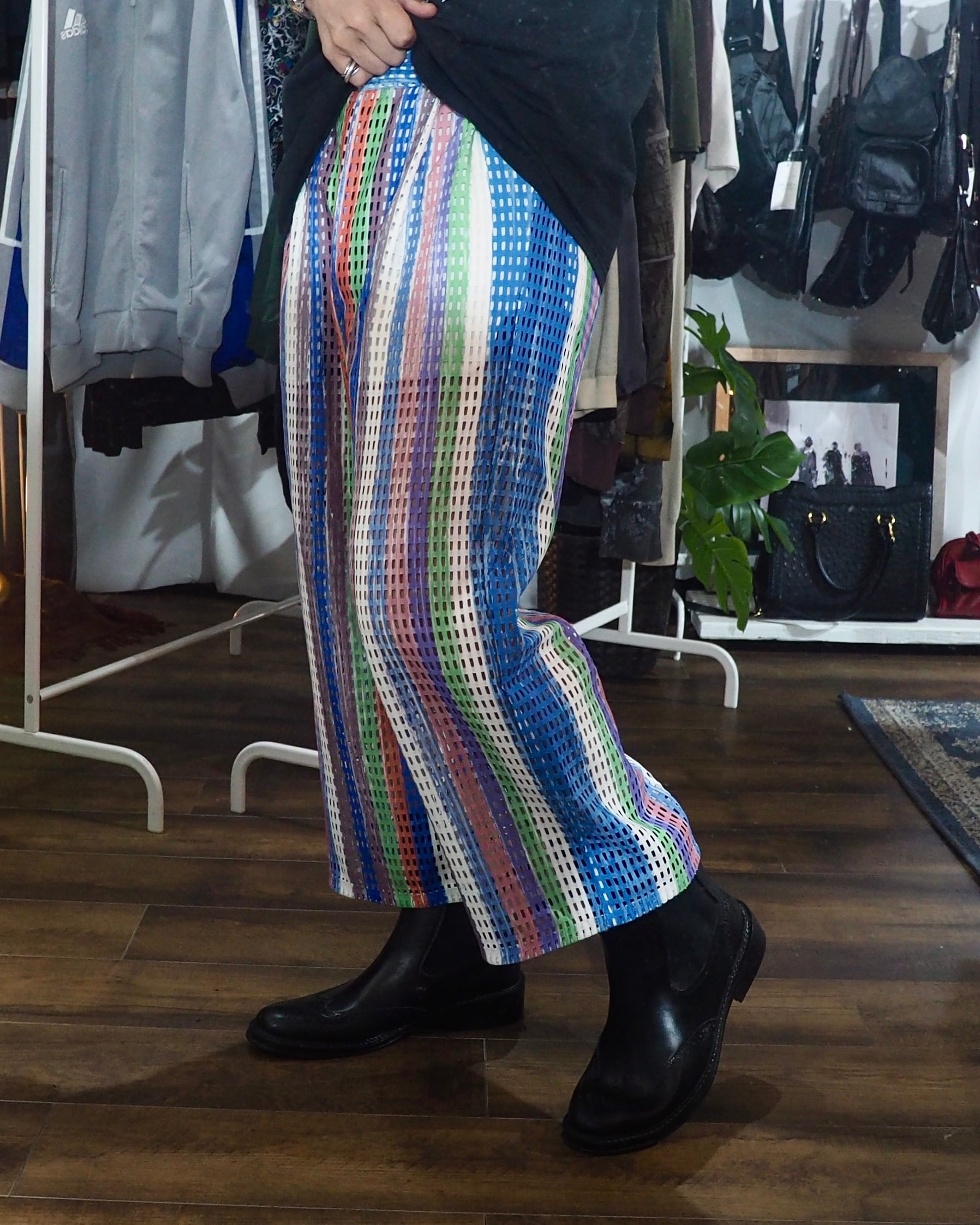 16SS " PLASTIC TOKYO " Multi Color Stripe painted Sheer Wide Pants