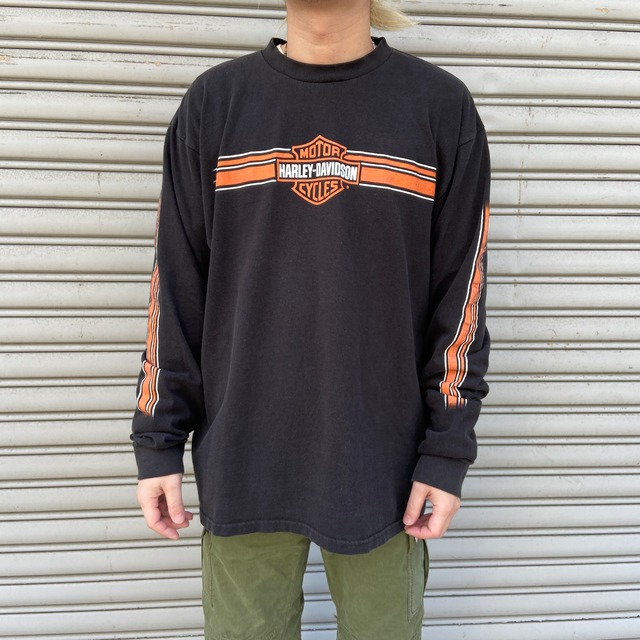 00s ハーレーダビッドソン 両面プリントロンT スリーブロゴ ブラック XL