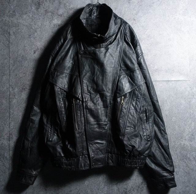 Black Deformed Design Leather Zip Blouson