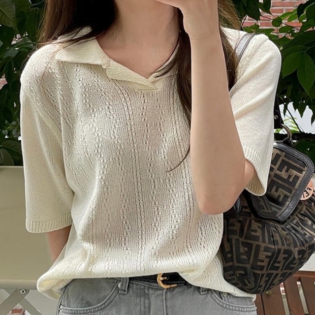 サマースタンダードスタイルカジュアル薄手ニットシャツ Tシャツ トップス レディース レトロ 夏物 韓国婦人27566986743