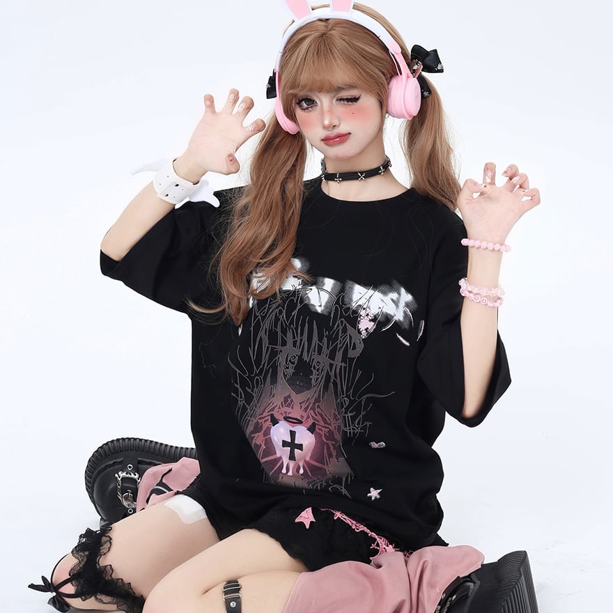 ゴスロリ通販 With U ファッション CRAZYGIRL 半袖Tシャツ 二次元美