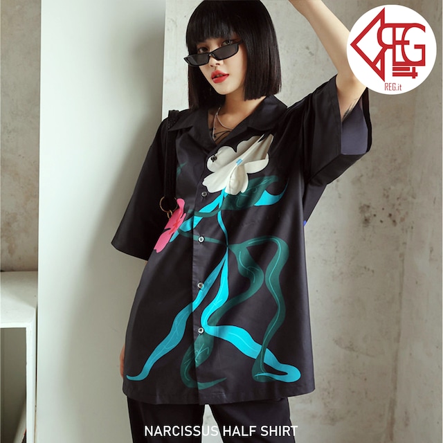 【REGIT】NARCISSUS JALF SHIRT S/S 韓国ファッション ユニセックス メンズライク トップス 半袖 シャツ ブラウス オーバーサイズ 花 10代 20代 プチプラ 着回し 着映え ネット通販 TPB026