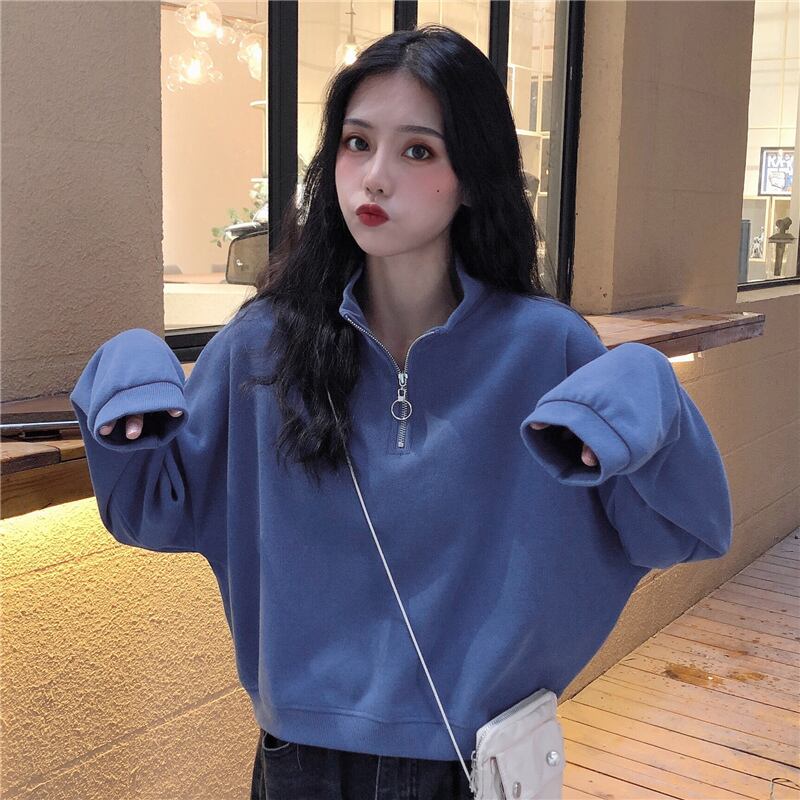 ウェストショートセーター ルーズジッパーカラースプリングオータム薄手トップス ロング 春物 秋物 萌量不足73545101202