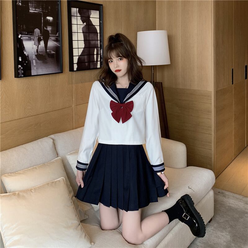 スタイルjk学生ネイビーカラーホワイトTシャツレディース秋長袖ボトミングシャツ2020新しいショートトップ ブラックストロベリース93403760088