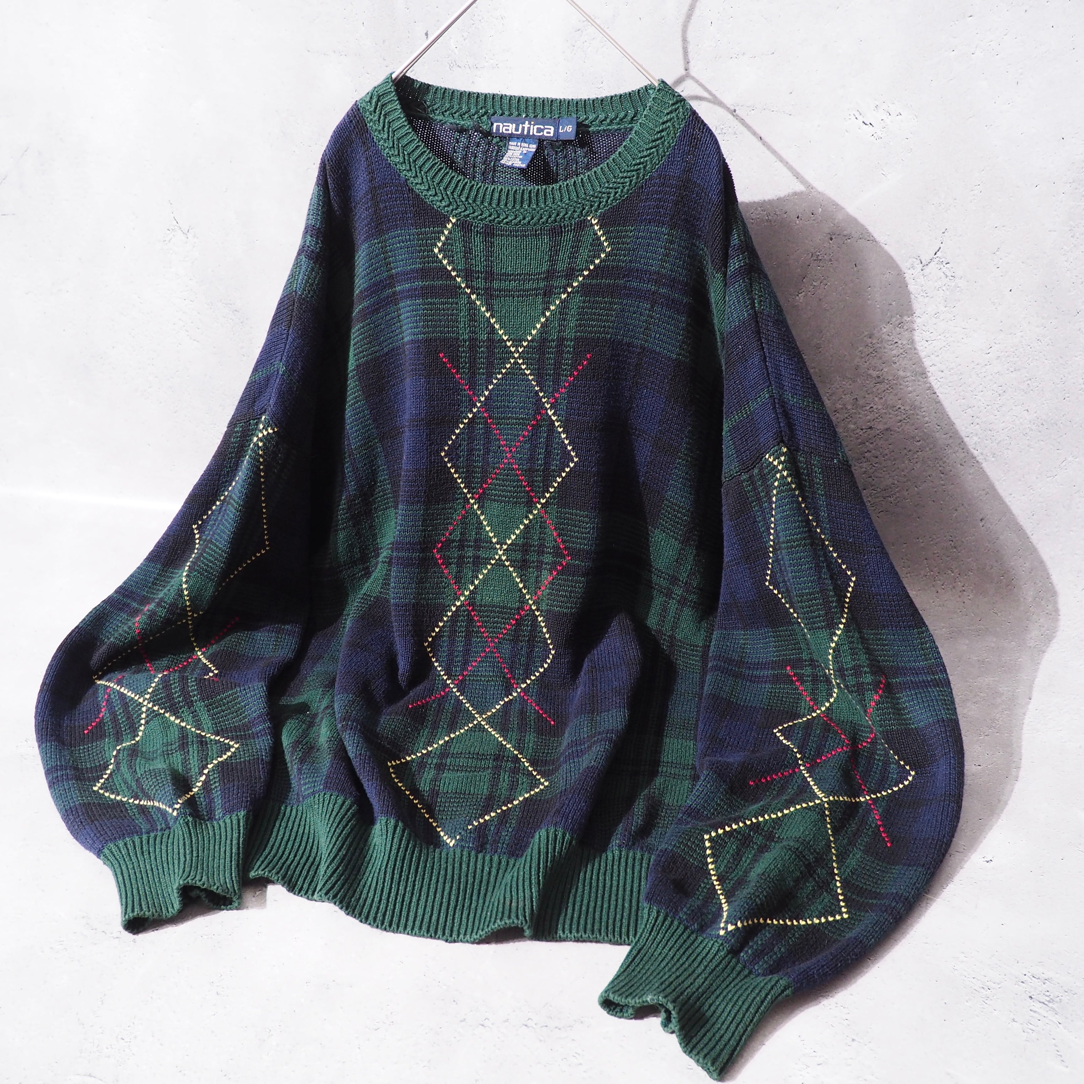 1990s " Nautica " Green check × Love Rhombus vintage loose knit