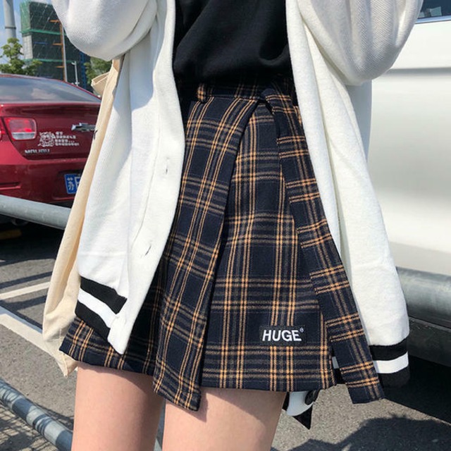 3colors かわいいチェック ロゴ入り ハイウエストスカートパンツ  2019韓国ファッション