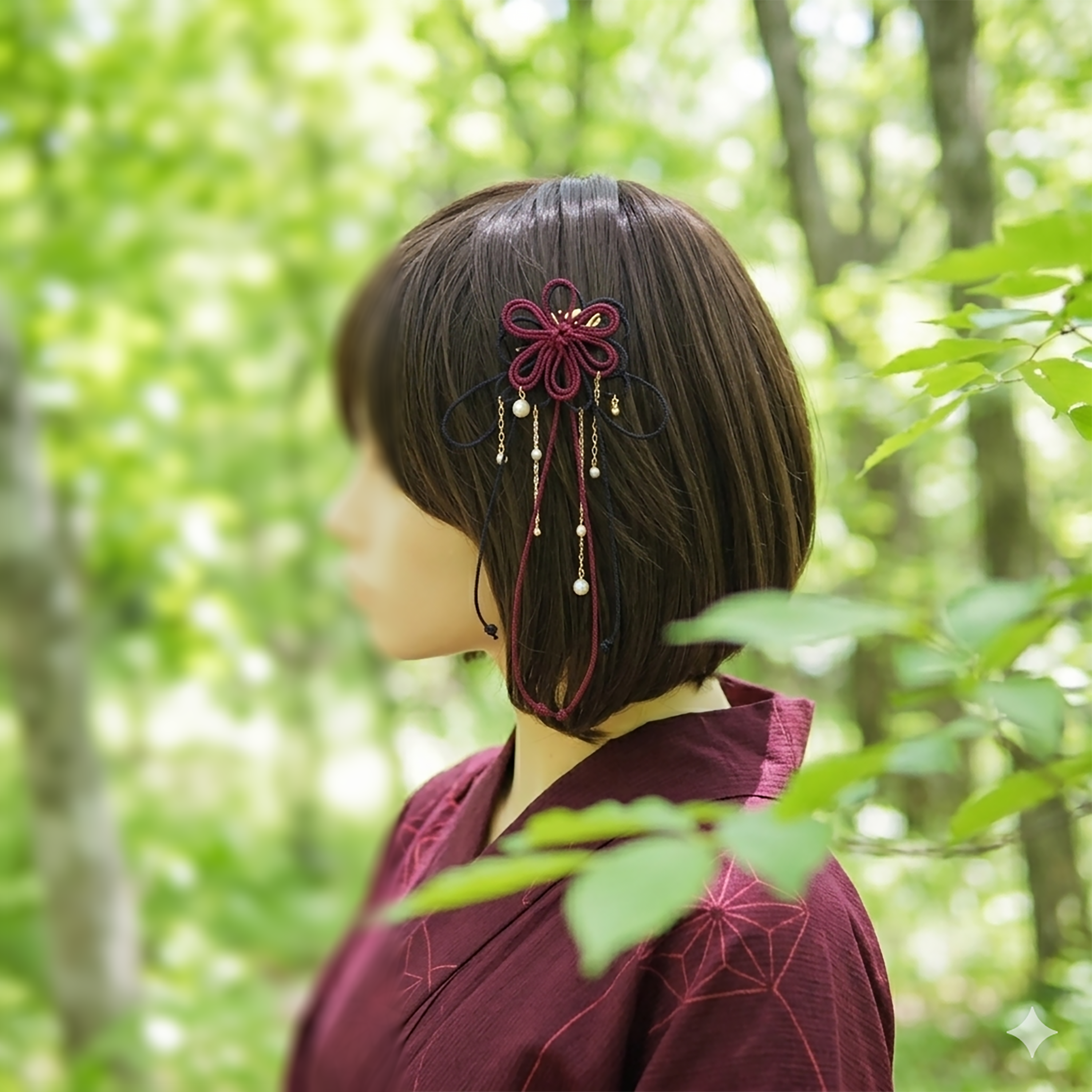飾り結びヘアコーム(小)「爛、其レハ」(臙脂×黒)【軽量で簡単和装ヘア】浴衣・着物・七五三や成人式に。