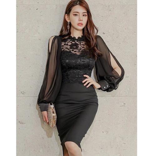 ラウンドネックシアースリーブドレス