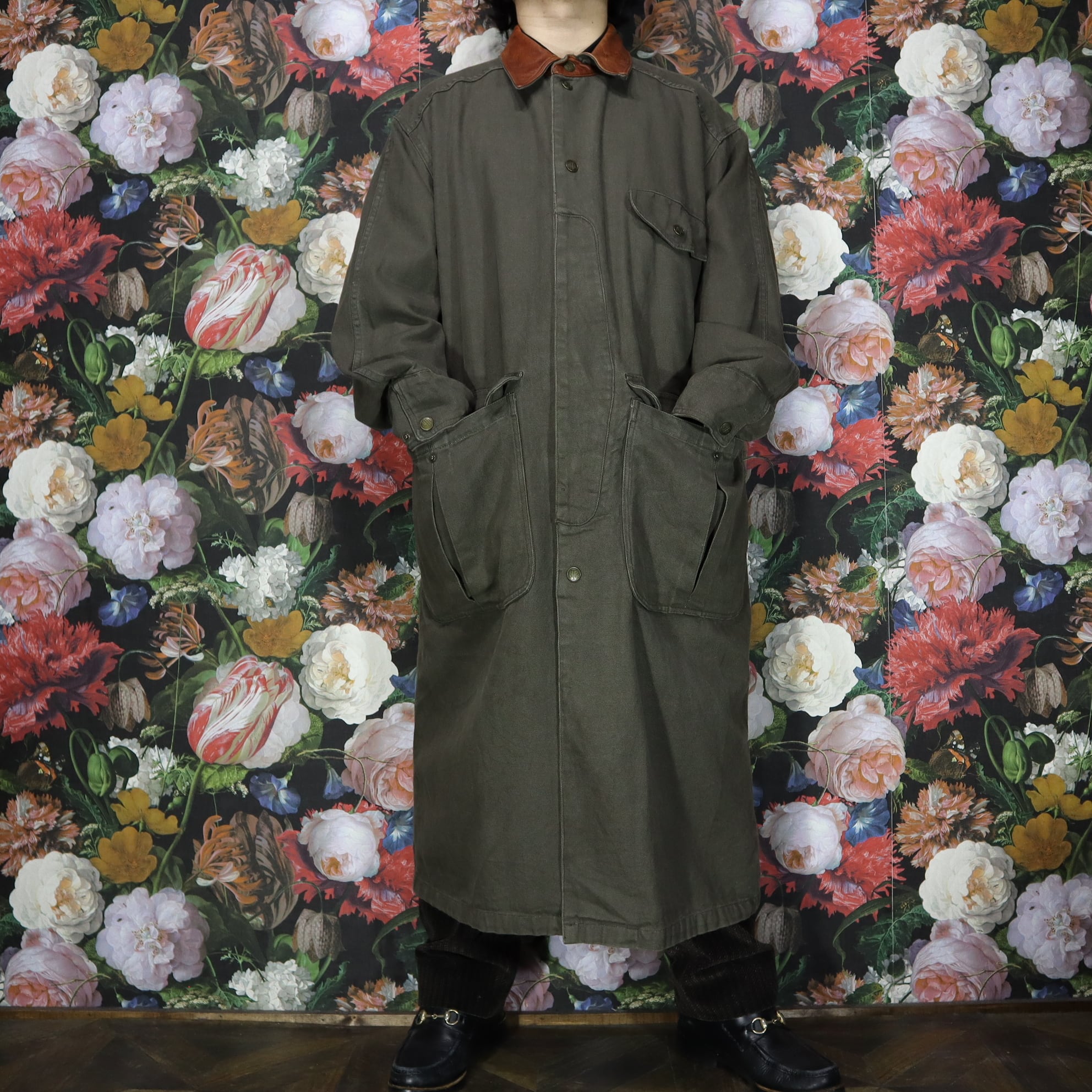 レザーカラーロングコート ダック生地 本革(genuine leather) | 古着屋