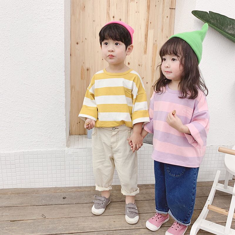 即納 送料無料 21春新作 半袖tシャツ ストライプ柄 ライン お揃い 90 100 110 1 女の子 男の子 韓国 新作 春 秋 夏 おしゃれ かわいい きれい やすい 激安 親子お揃い ママリンクコーデ 韓国子供服 キッズ 通園 幼稚園 保育園 小学校 おでかけ シンプル