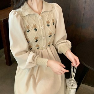 【送料無料】 襟付き Vネック 選べる2タイプ☆ ドッキングワンピース レディース 異素材 ドッキング ニット 前ボタン  長袖 ハイウエスト フレア ふんわり ロングワンピース ロング丈 ミモレ丈 体型カバー 着痩せ 細見え 大人 可愛い ナチュラル 上品 きれいめ お出かけ デート お洒落 おしゃれ 韓国 春 秋 冬 20代 30代 40代 50代 大きいサイズ 4XL ベージュ ブラック 黒