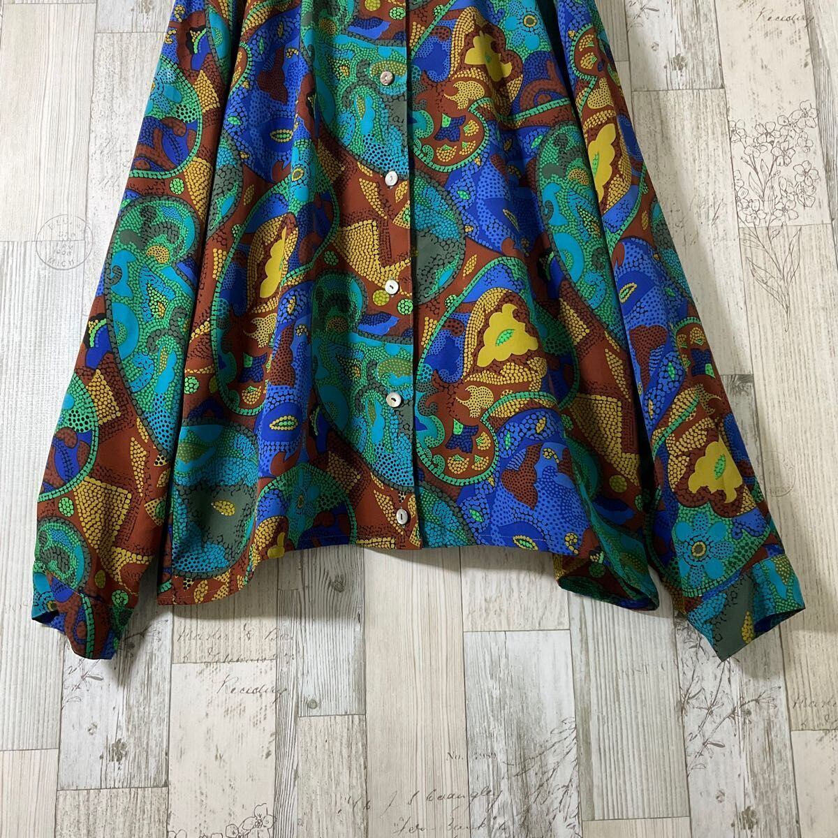 柄シャツ レディース 長袖 M 青 古着 総柄 花柄 ヴィンテージ 柄シャツ レディース 長袖 M 青 古着 総柄 花柄 ヴィンテージ